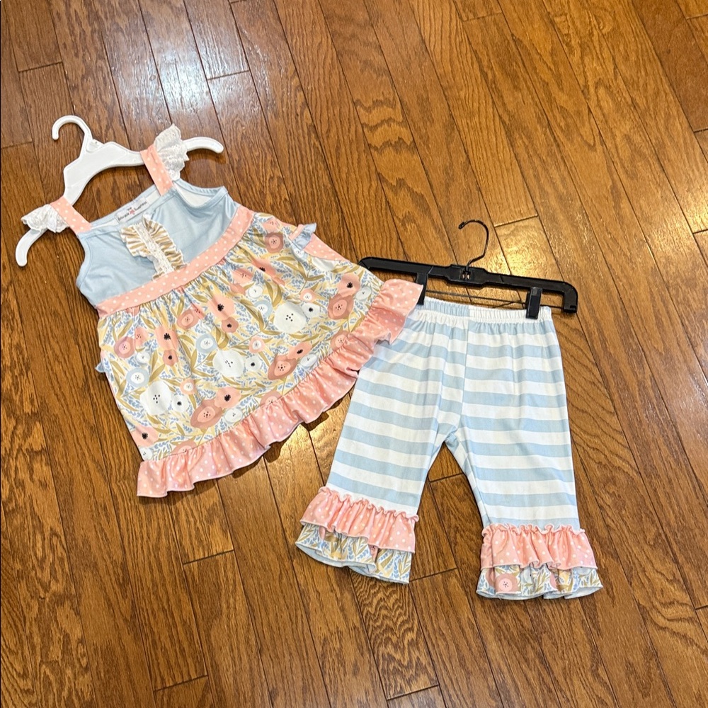 Adorable Sweetness Girls' Pastel Ruffle Top and Striped Pants Set